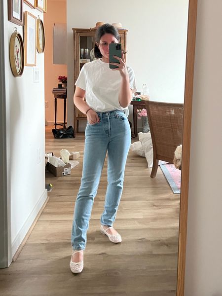 Neutral outfit, white tee and jeans, pearl ballet flats, sheet ballet flats, spring shoes, Levi’s wedgie, cos white tee, petite, over 30 

#LTKstyletip #LTKfindsunder100 #LTKshoecrush