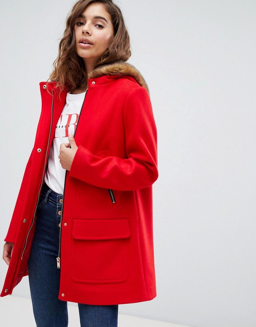 ASOS DESIGN hooded slim coat with faux fur trim - Red | ASOS US