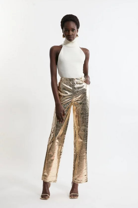 Metallic Faux Leather Straight Trousers | Karen Millen UK + IE + DE + NL