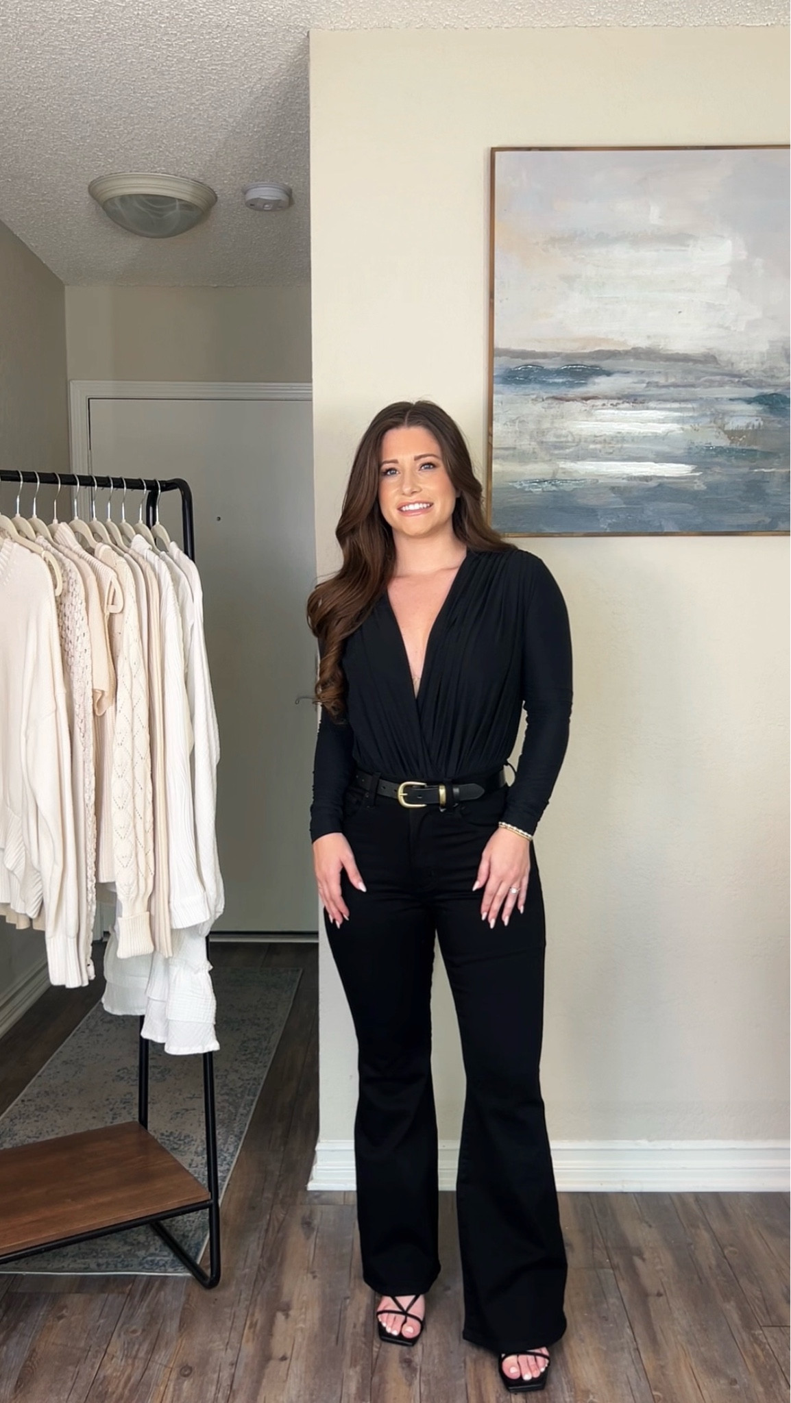 Long Sleeve Draper Deep-V Bodysuit wearing size XXS | Ultra High Rise Flare Jeans wearing 25, Short (I’m 5’1) 

#LTKStyleTip #LTKFindsUnder100