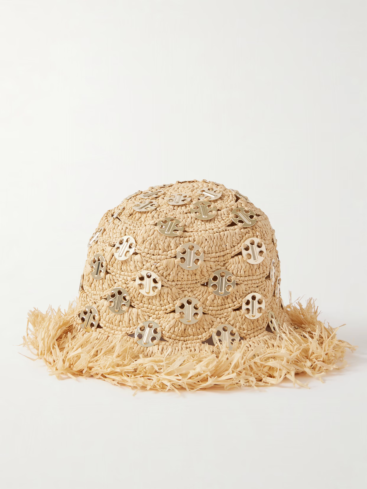 RABANNE - Fringed Cutout Chainmail-embellished Raffia Hat - Gold | NET-A-PORTER (US)