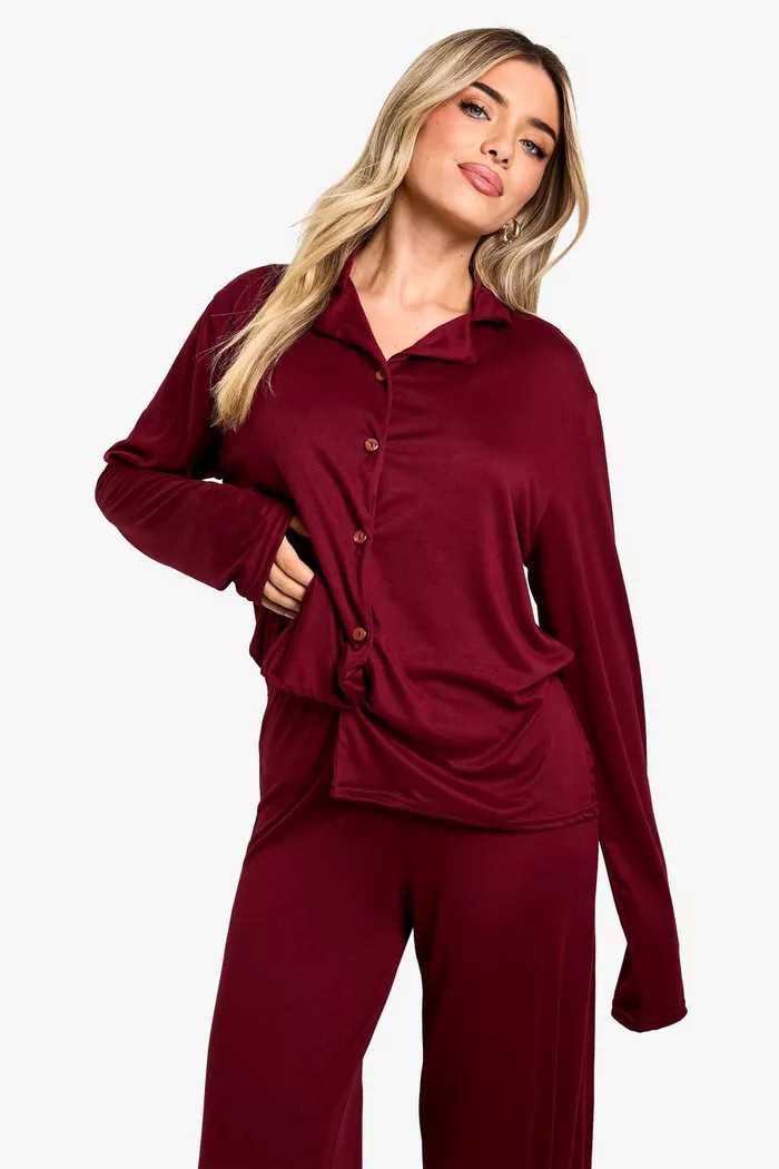 Soft Touch Long Sleeve Shirt and Trouser Pyjama Set | Boohoo.com (UK & IE)