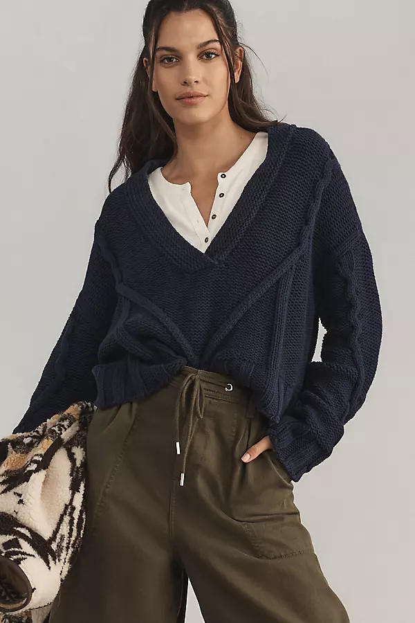 Pilcro Deep-V Cable Sweater | Anthropologie (US)