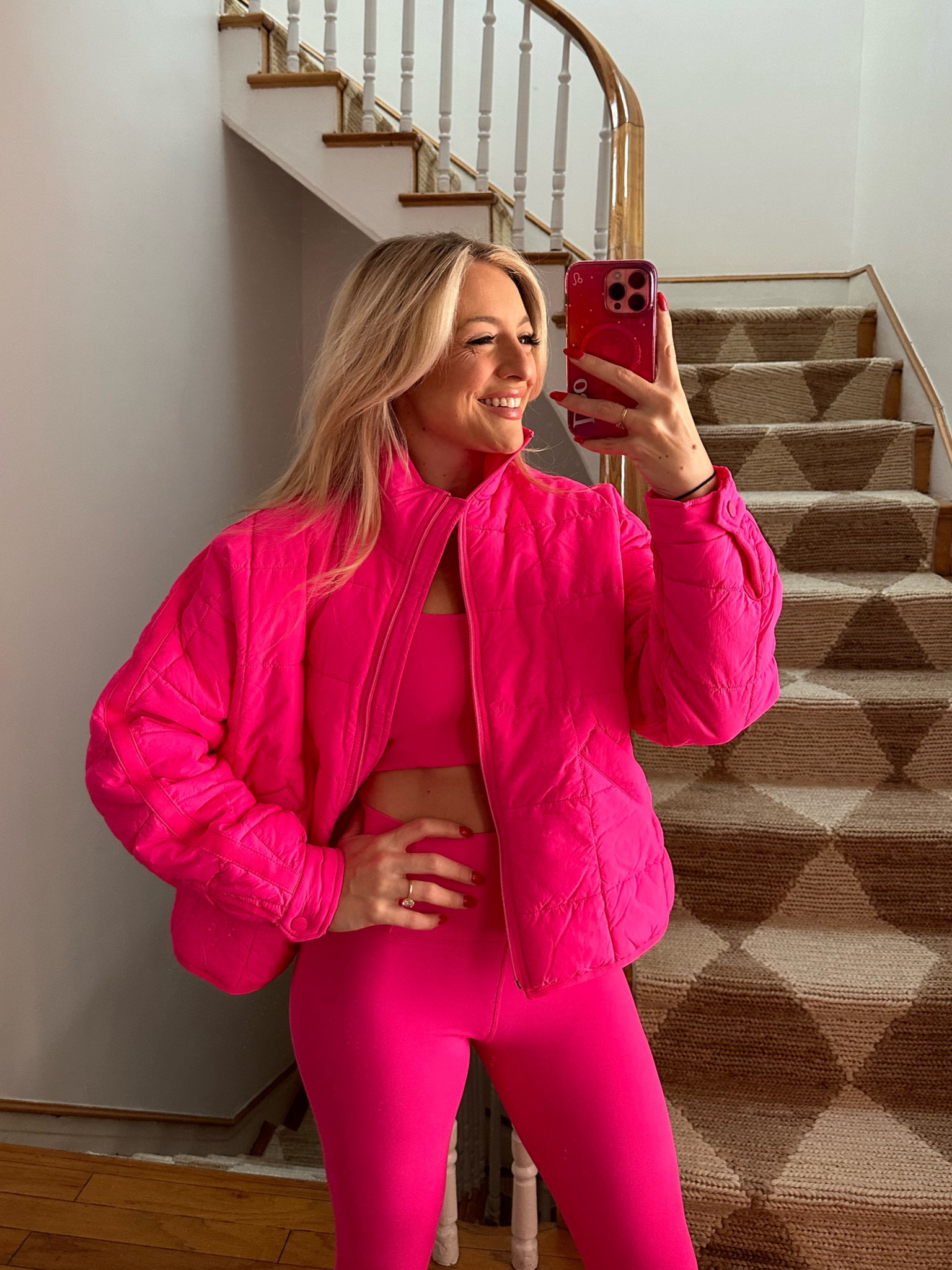 Free people FP Movement hot pink never better leggings and sports bra pack able puffer hot pink wearing size small 

#LTKfitness #LTKfindsunder100