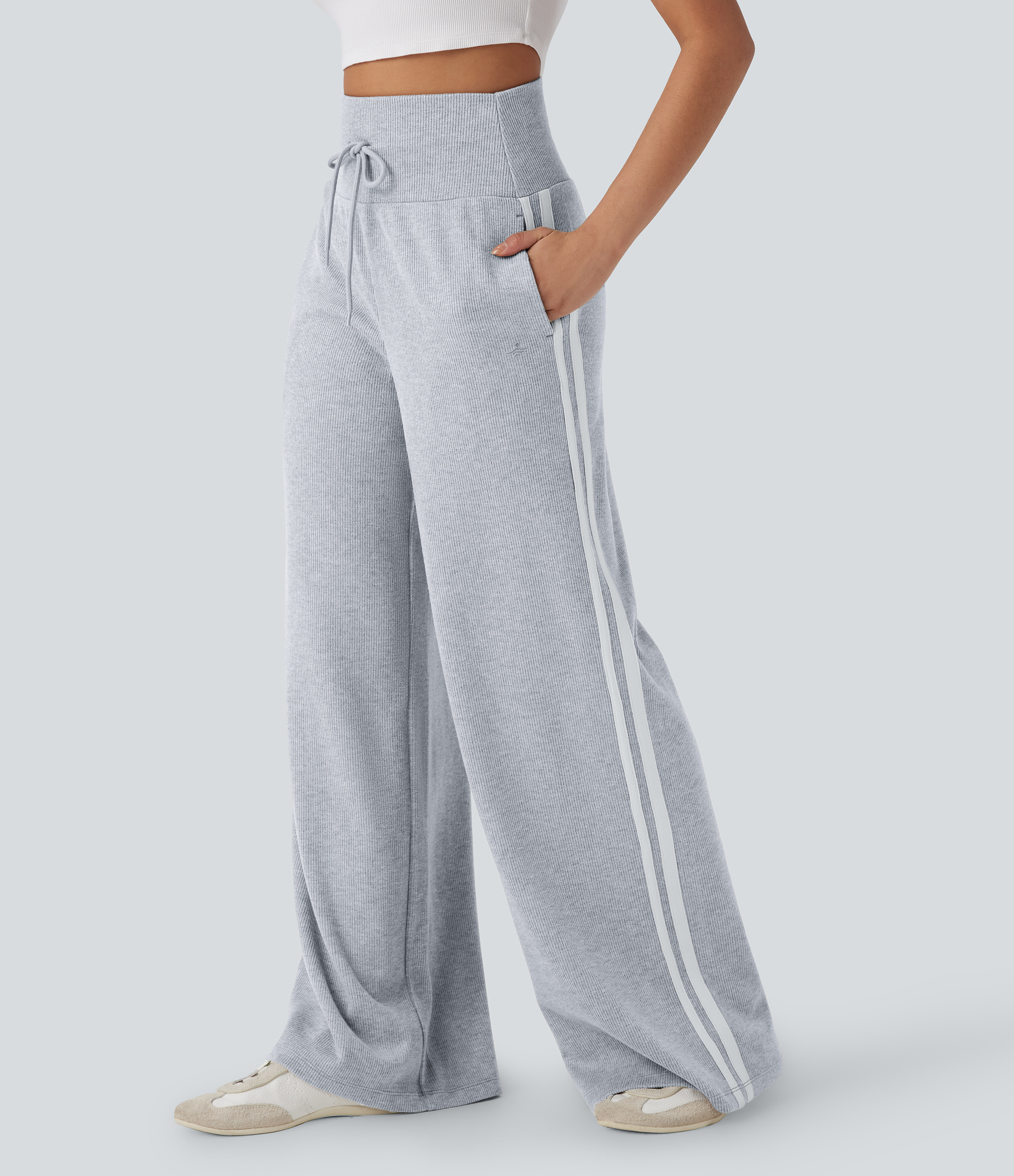 Halara Ribbed SoCinched High Waisted Tummy Control Drawstring Wide Leg Color Block Casual Pants with Pockets - Blue and White Woven - XS(regular) | HALARA