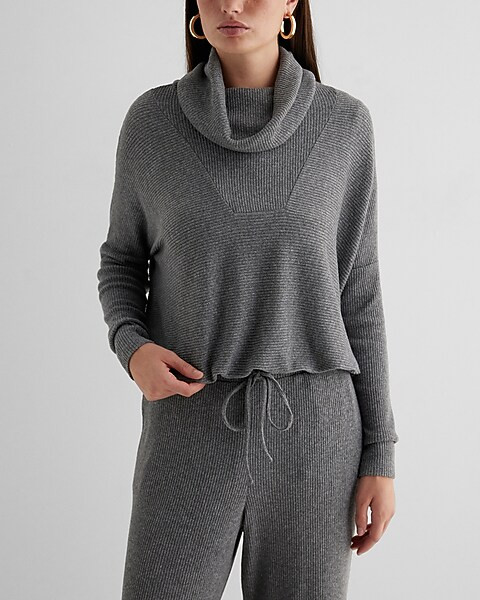 Ribbed Cozy Knit Turtleneck Cinched Hem Top | Express