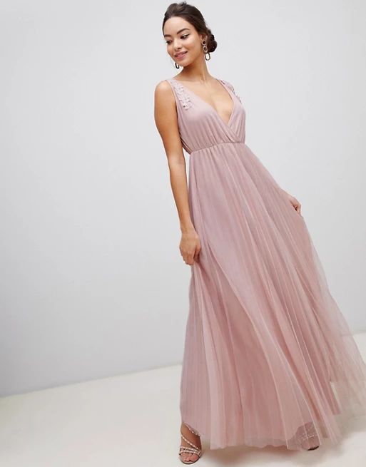 ASOS DESIGN Pleated Tulle Maxi Dress with Applique Lace Trim | ASOS UK