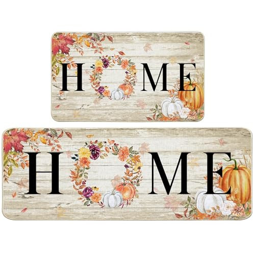FUTBU Fall Rugs and Mats Set of 2, Farmhouse Home Autumn Pumpkins Kitchen Decor, Colorful Pumpkin and Maple Leaf Anti Fatigue Mats for Floor Decorations, Rug Mat Home Decor 17"x27"+17"x47" | Amazon (US)