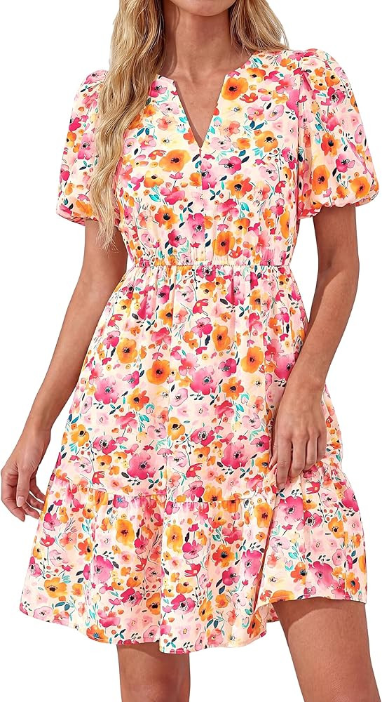 dowerme Women Summer Casual Dresses 2026 Puff Short Sleeve V Neck Floral Boho Midi Dress Flowy Ru... | Amazon (US)