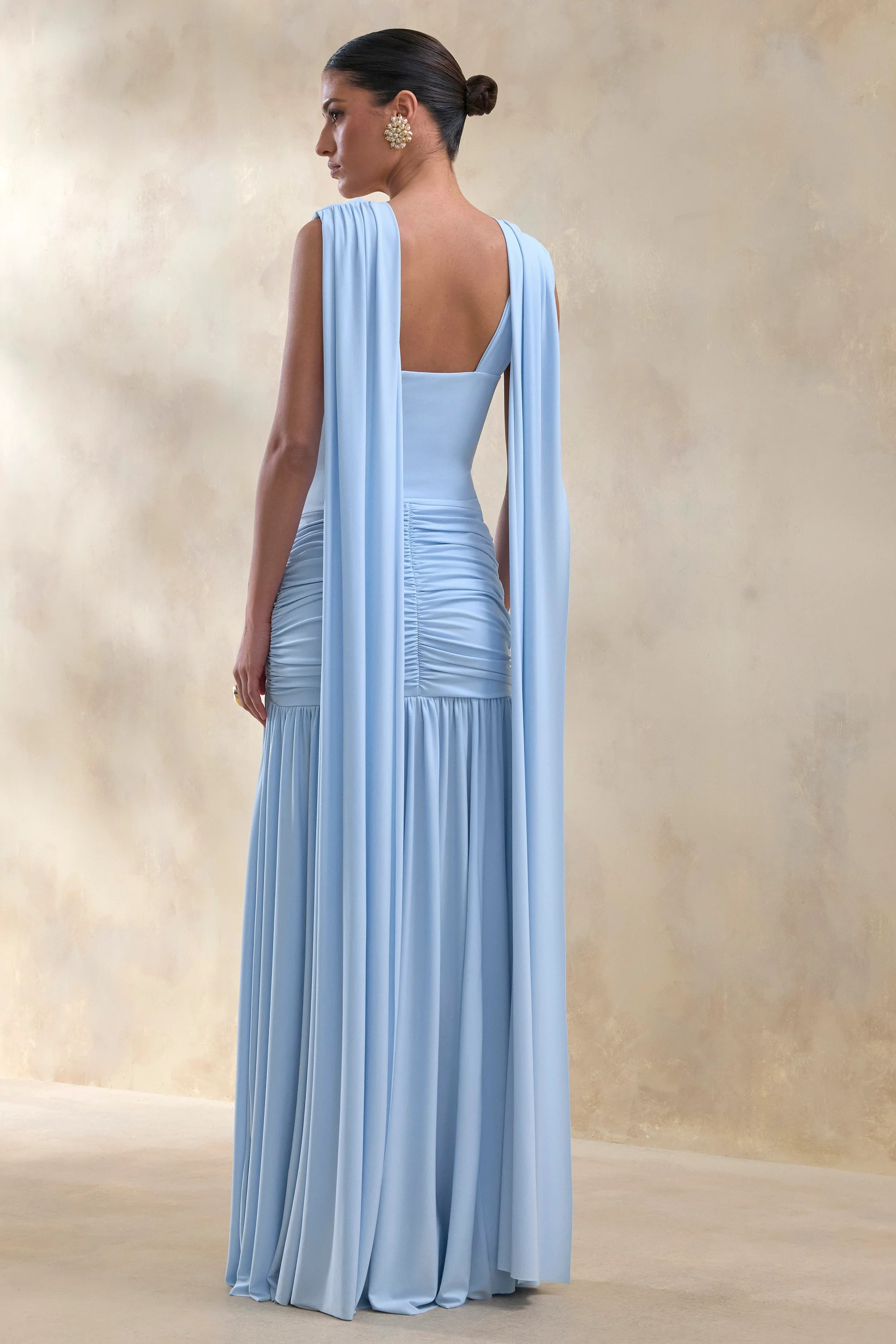 Amelisse | Powder Blue Plunge-Neck Maxi Dress With Ruched-Detailing | Club L London