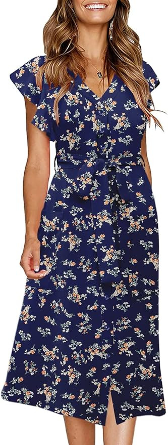 MITILLY Women's Boho Polka Dot Flutter Short Sleeve V Neck Button Down Swing Midi Dress with Pock... | Amazon (US)
