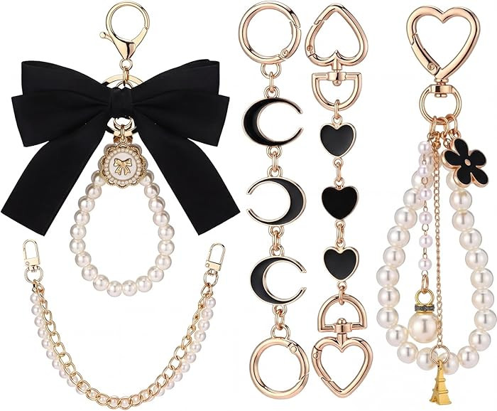 5 Pcs Bag Extender Chain, Pearl Purse Chain with Black Bow, Moon & Heart Charms, Bag Strap Extend... | Amazon (US)