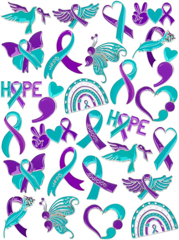 JUNEBRUSHS 28pcs Suicide Prevention Awareness Pins Purple Teal Ribbon Lapel Pins for Suicide Prev... | Amazon (US)