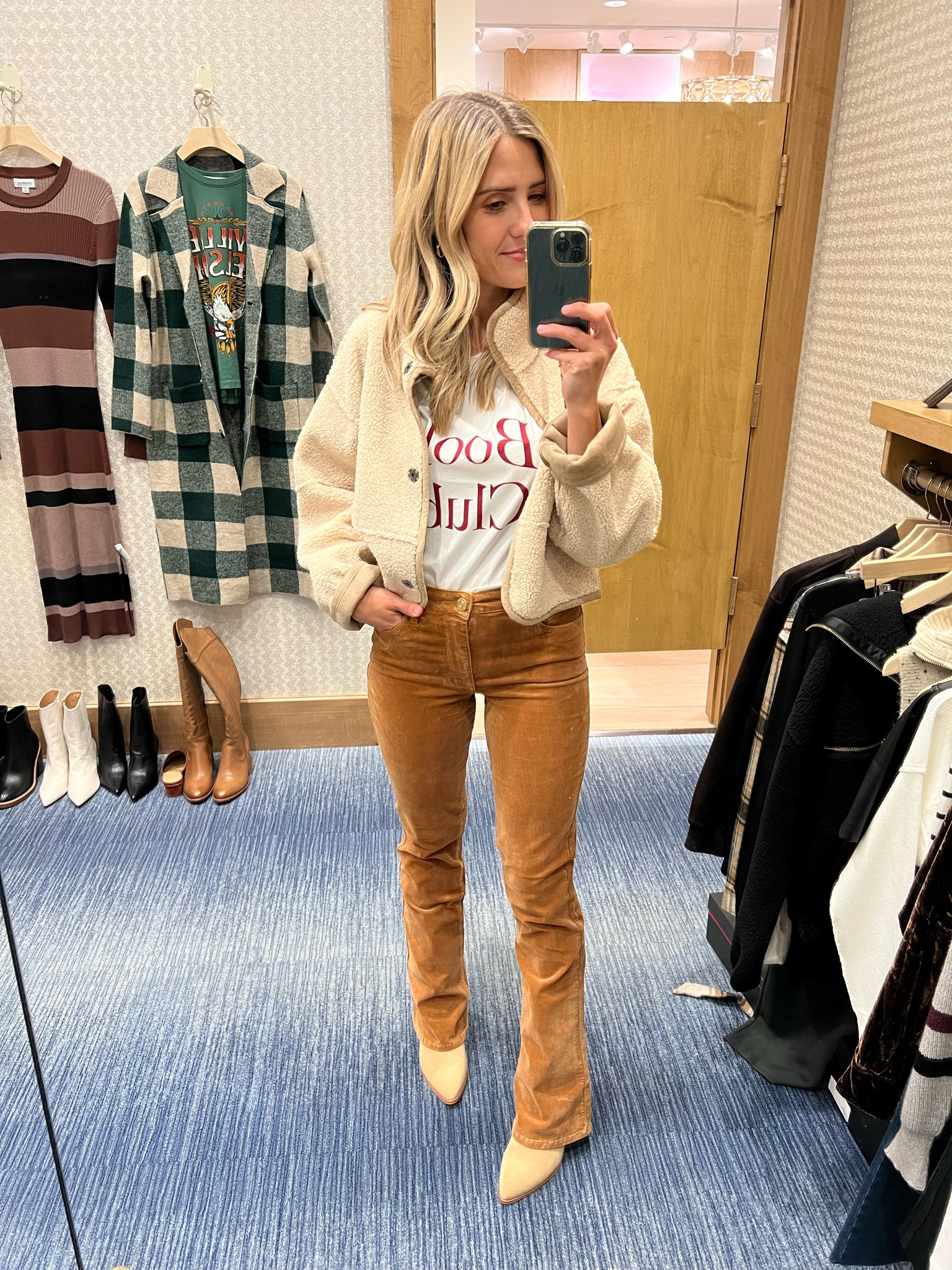 Can a street-ready fall look get much cozier than this?? Love this jacket so much, I took it home. The corduroy pants are the comfiest (and under $100), perfect when paired with a heel (I’m 5’4”), otherwise they probably need hemmed. Paired this look with some simple gold chain-detail jewelry. 

#LTKfindsunder100 #LTKstyletip
