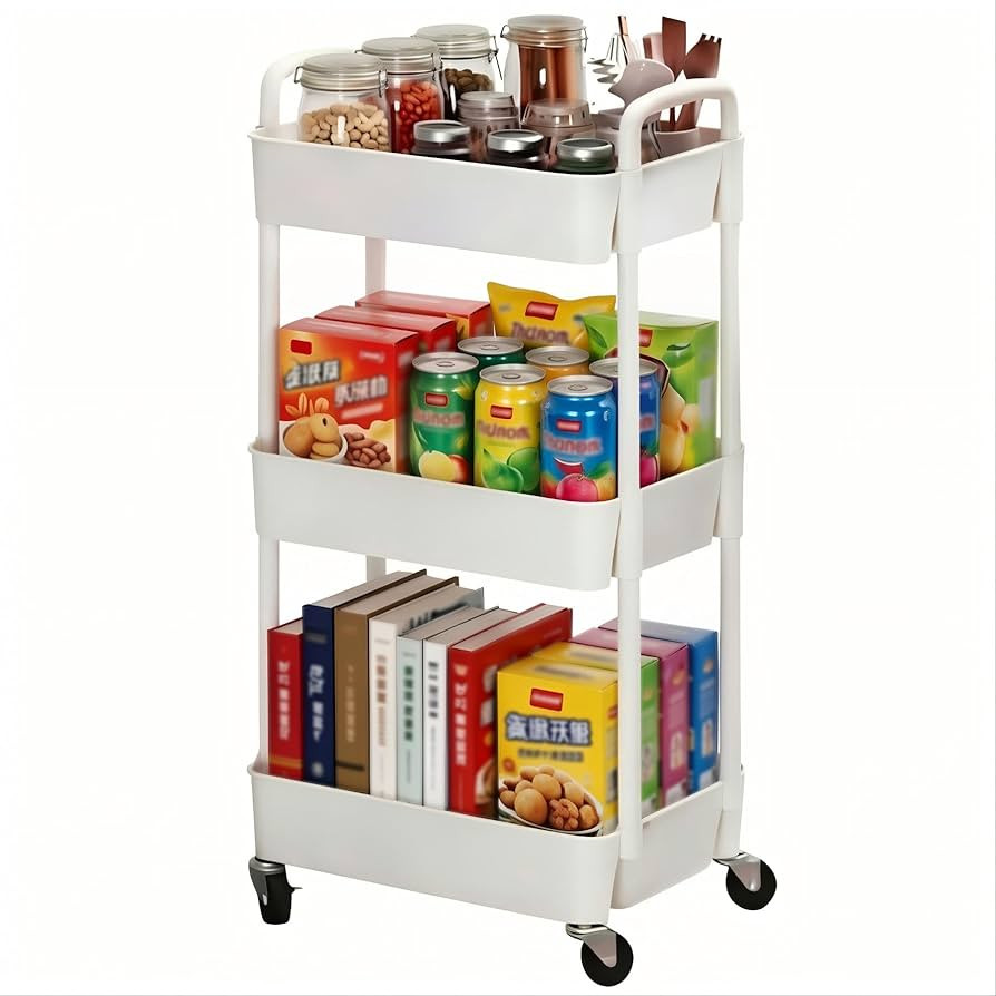 Sywhitta 3-Tier Plastic Rolling Utility Cart with Handle, Multi-Functional Storage Trolley for Of... | Amazon (US)