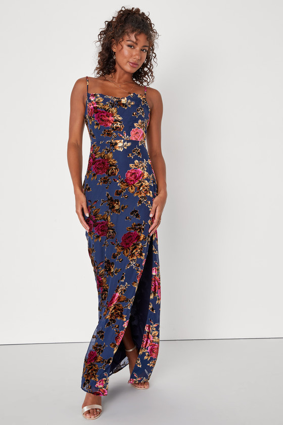 Chic Romantic Navy Blue Burnout Velvet Floral Cowl Neck Dress | Lulus (US)