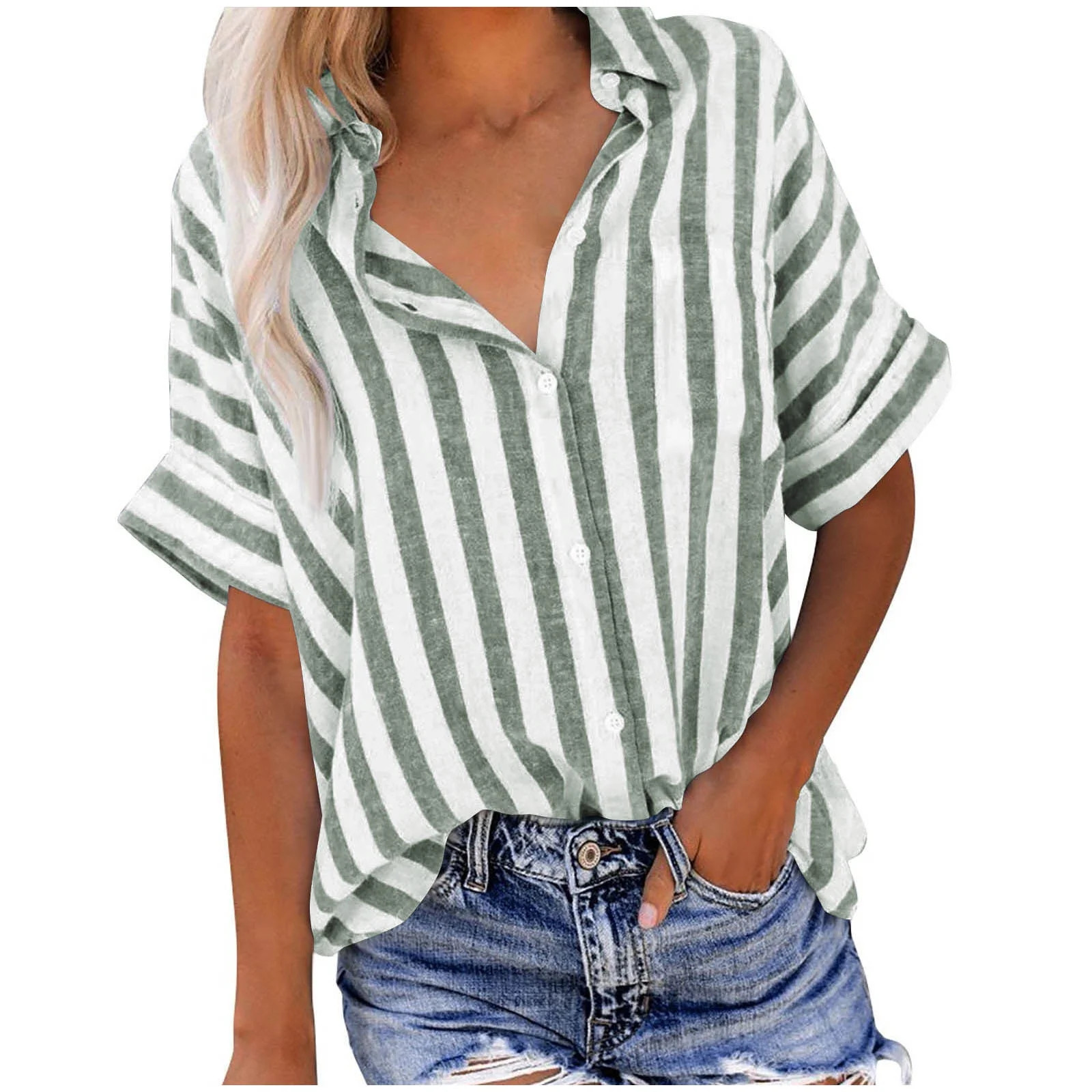 Short Sleeve Blouses for Women Dressy Casual Buttons up Shirt Lapel Collar Shirt Vertical Striped... | Walmart (US)