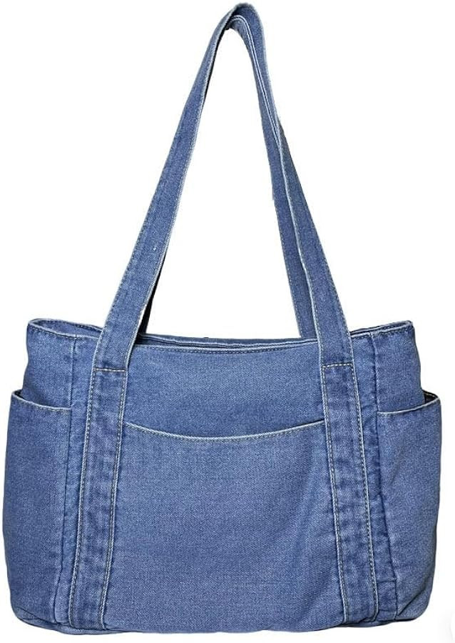 Casual Denim Tote Bag, Multi Pocket purse for Women,Canvas Handbag, Light Blue | Amazon (US)