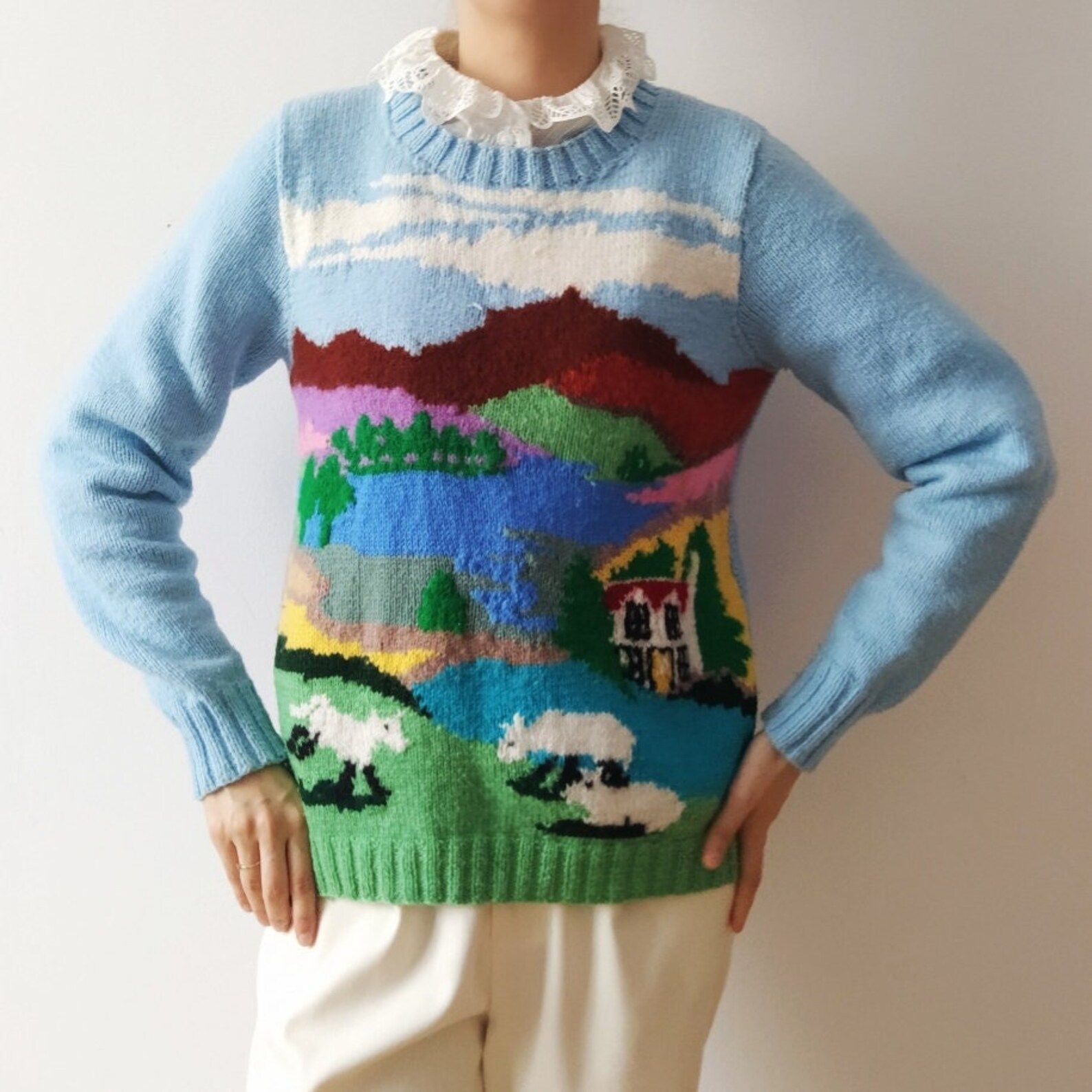 Vintage beautiful landscape scenic sheep house hand knitted wool sweater 80s | Etsy (US)