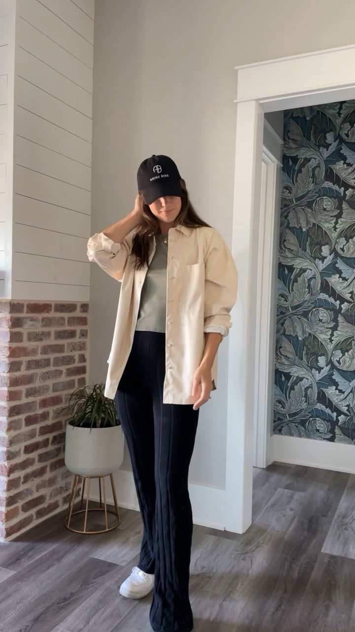 A faux leather button down instantly elevated a casual knit pant outfit. I’m still obsessed with knit pants & linked similar options at great price points! A baseball cap tops it all off. #targetfinds #fauxleather #falloutfits #aninebing #knitpants #casualoutfits #fall #sneakers #falltrends 

#LTKstyletip #LTKU #LTKunder50