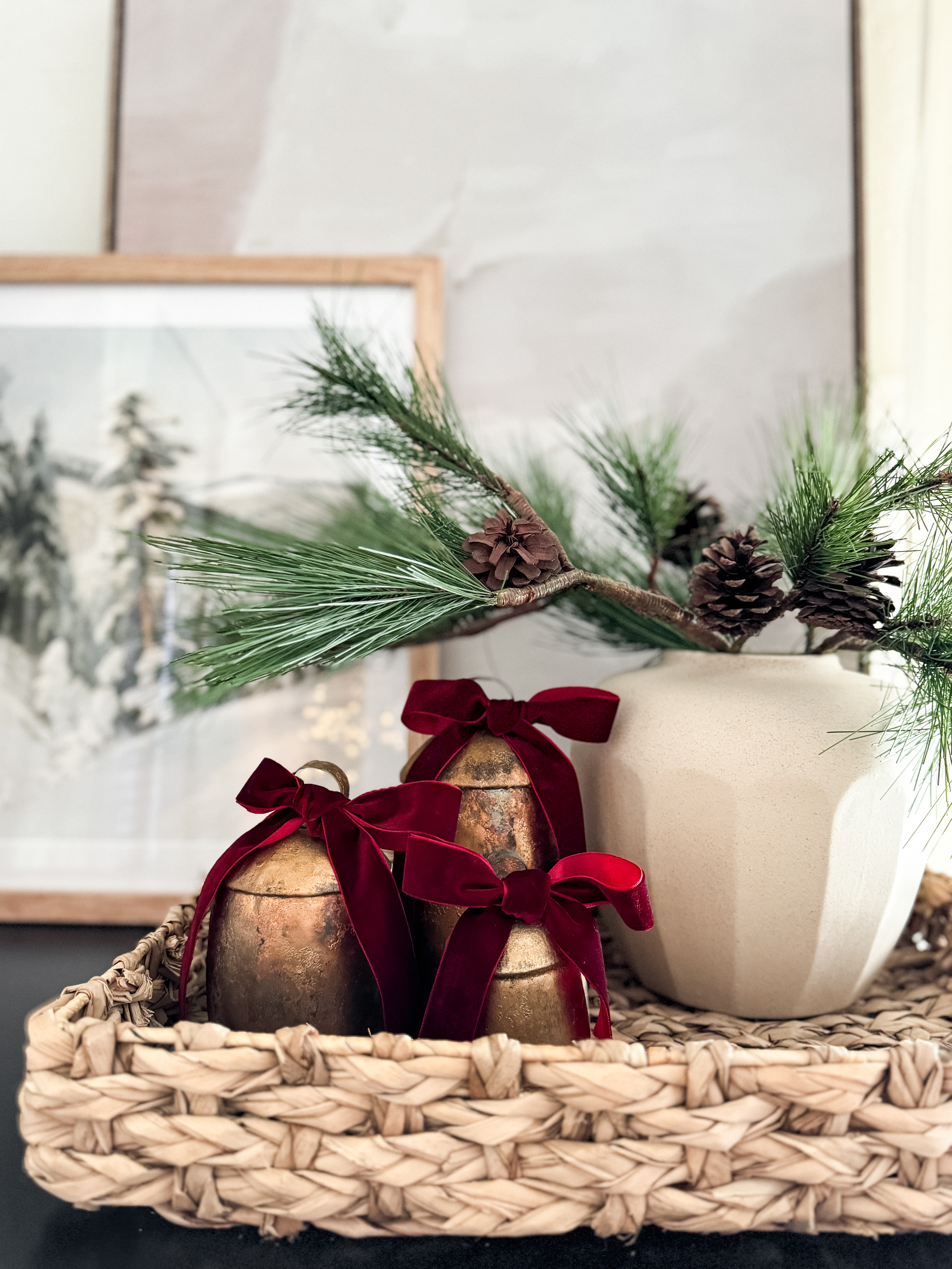 Vintage Christmas Bell Decor. Christmas Table Decor, Christmas tray styling. Red velvet ribbon. 

 #LTKHoliday #LTKSeasonal #LTKHome