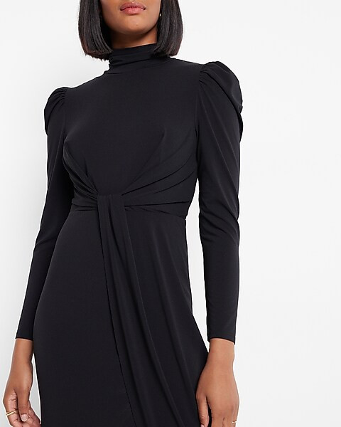 Mock Neck Puff Shoulder Twist Front Midi Dress | Express