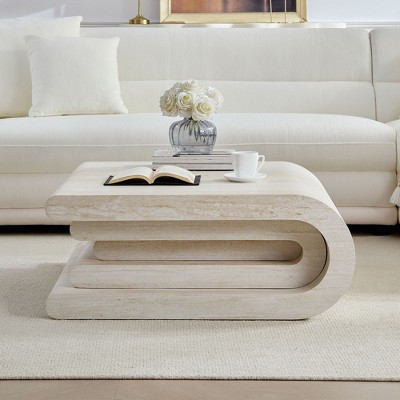 GDFStudio Laurine Modern Travertine Pattern Layered Coffee Table, Beige | Target