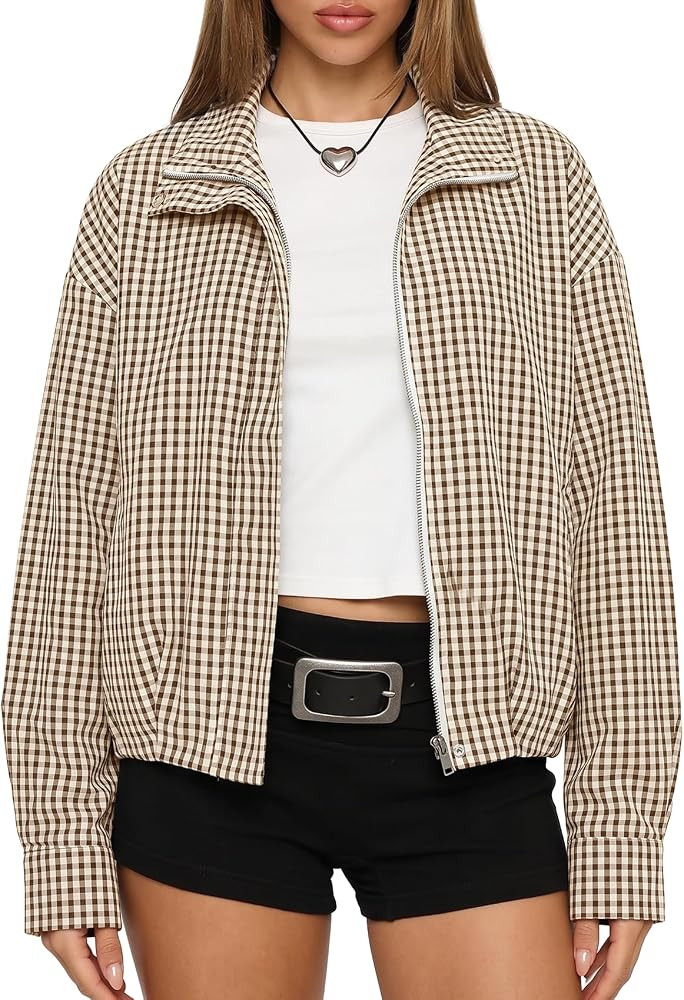 Darong Women's Plaid Bomber Jacket Lightweight Zip-Up Coat with Pockets | Amazon (US)