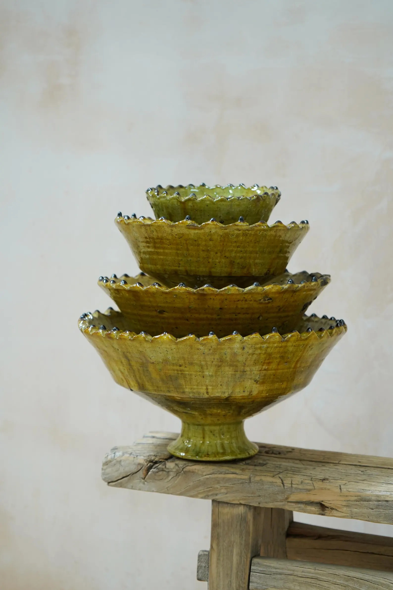 SUMMER SALE Moroccan Vintage Tamegroute Ochre Glazed Jagged Edge Pedestal Fruit Bowl Nesting Set,... | Etsy (Global)