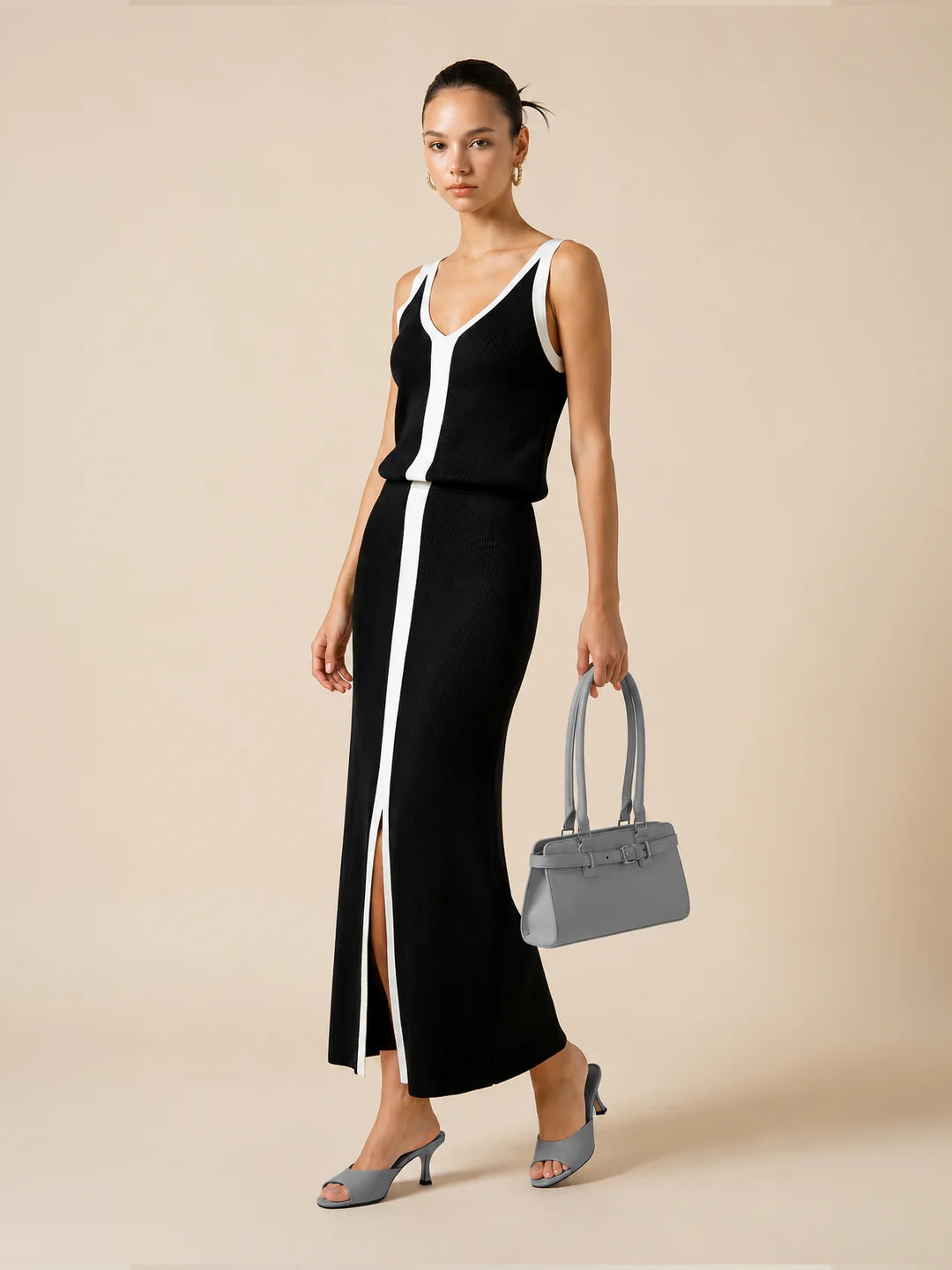 Contrast Trim Slit-Front Ribbed Knit Maxi Dress | Commense