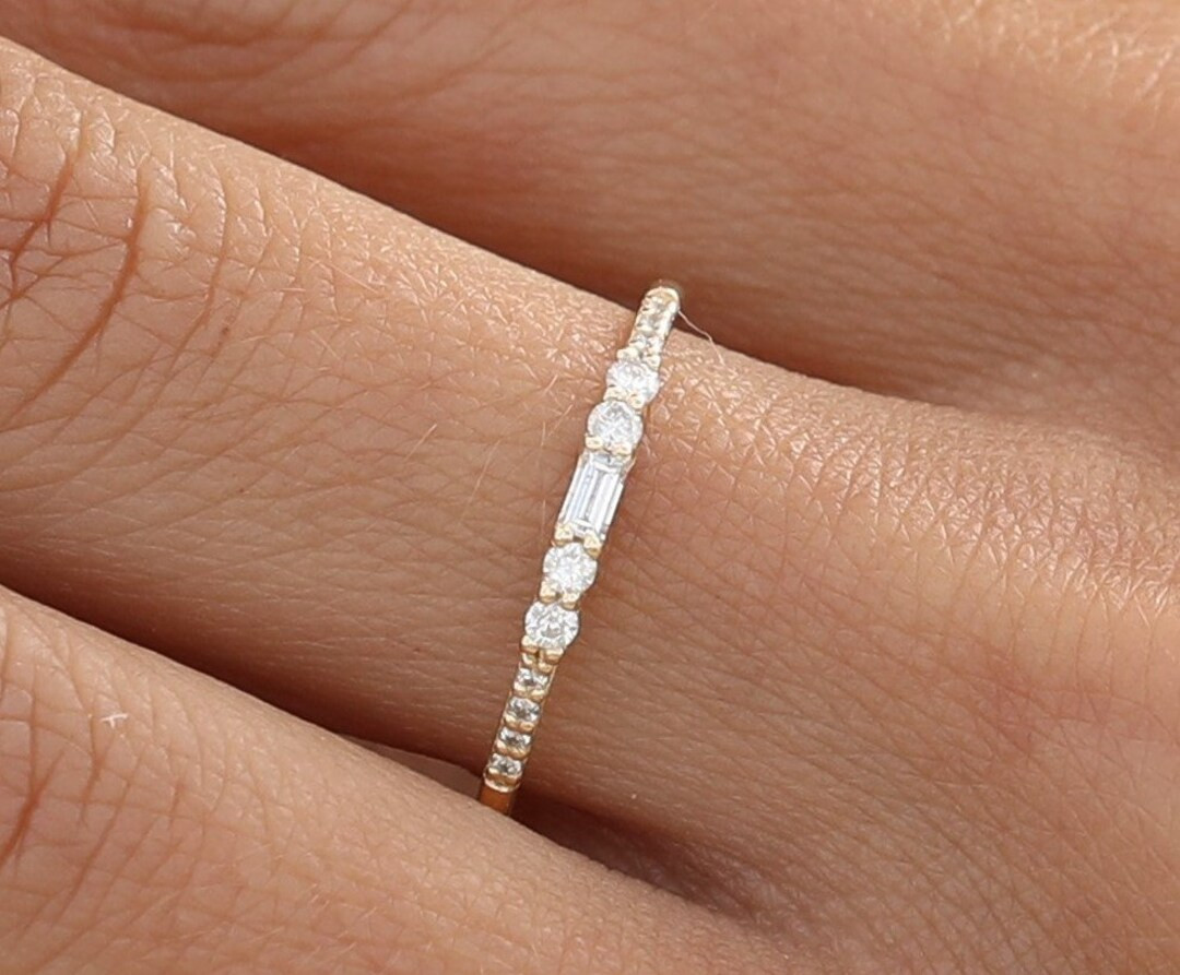 14k Gold Diamond Ring, Baguette and Round Diamonds, Solid Gold Band, Minimalist Engagement, Daint... | Etsy (US)