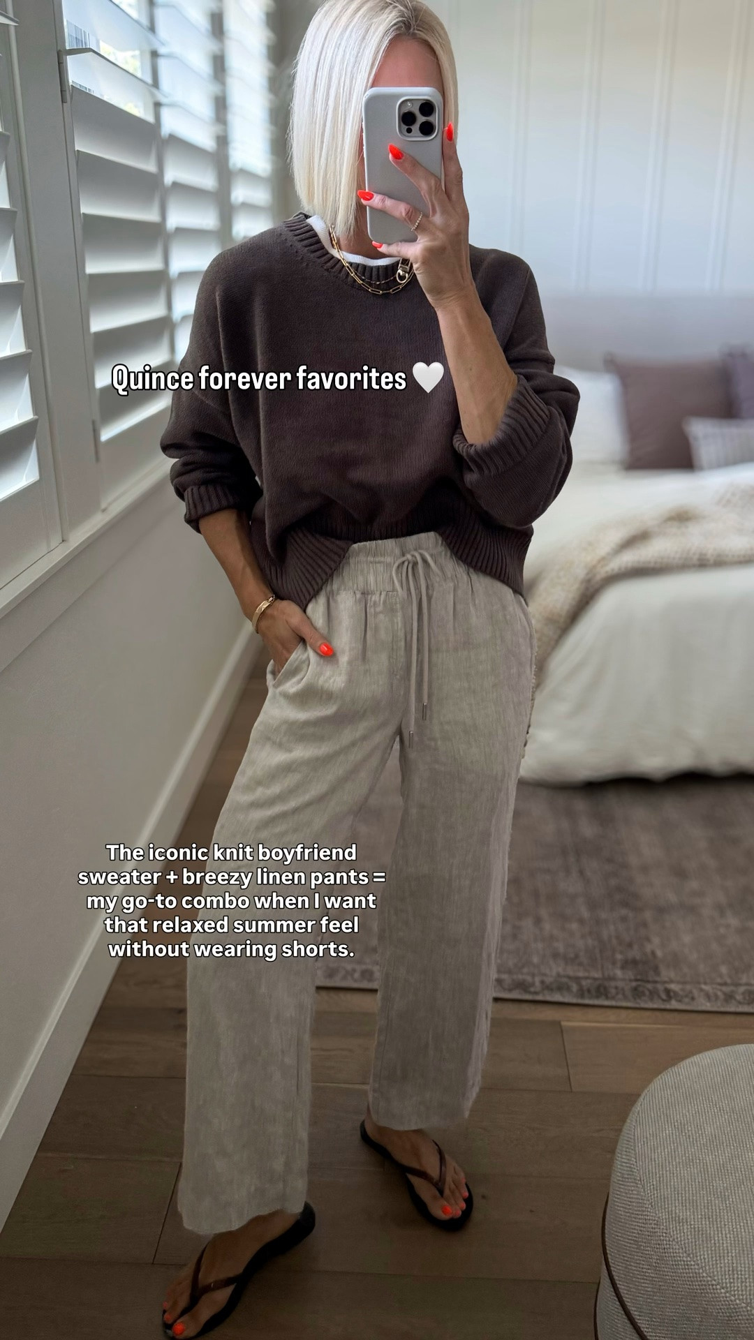 This iconic @Quince knit boyfriend sweater is the definition of effortless with its perfectly slouchy fit, and paired with linen pants for summer? Such an easy warm-weather combo when I’m not reaching for shorts. Comfortable, polished, and endlessly wearable.
Sweater & linen pants fit tts. Wearing size medium in both.

#quincepartner

#LTKmomlife #LTKOver40 #LTKootd