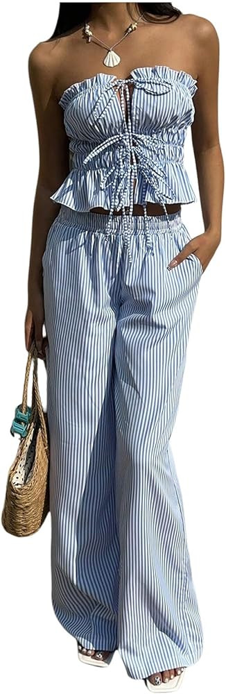 WDIRARA Women's Striped 2 Piece Pants Set Strapless Tie Bandeau Wide Leg Pants Outfits | Amazon (US)