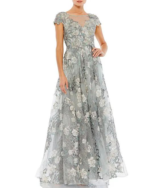 Illusion Round V-Neck Short Sleeve Floral Applique Ball Gown | Dillards