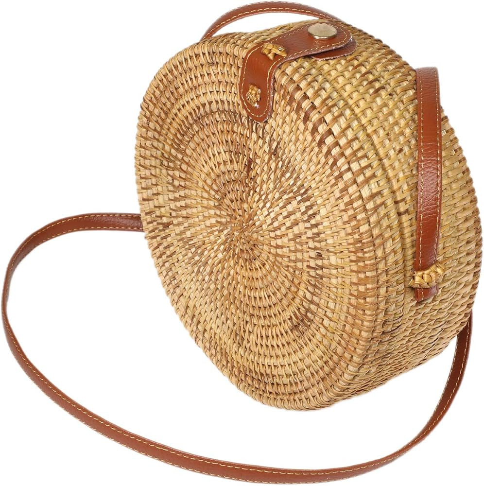 Handwoven Round Rattan Bag Shoulder Leather Straps Natural Chic Hand for Beach Travel and holiday | Amazon (US)