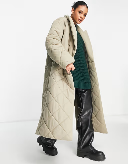 NA-KD double breasted quilted coat in light khaki | ASOS (Global)
