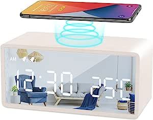 Amazon.com: Bebcoo Wooden Digital Alarm Clock with Wireless Charging, Dual Alarms, Mirror Surface... | Amazon (US)