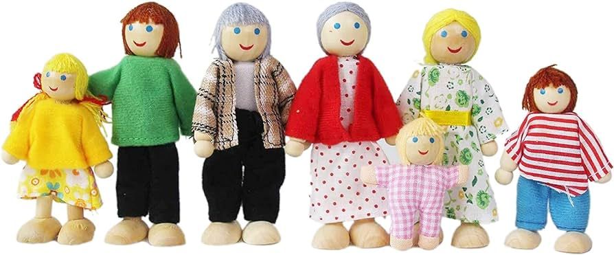 Wooden Doll House People, 7 Family Figures Miniature Doll House, Wooden Doll House Family Dress-U... | Amazon (US)