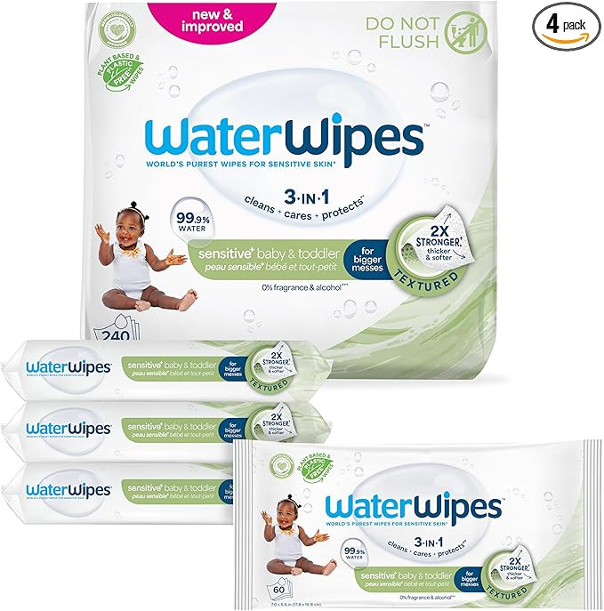 WaterWipes Sensitive+ Baby & Toddler Wipes, 3-In-1 Cleans, Cares, Protects, 99.9% Water, Textured... | Amazon (US)