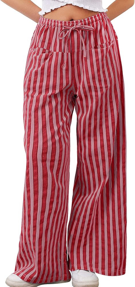 Striped Pants Women Wide Leg Trousers Drawstring Low Rise Casual Loose Lounge Pajama Pants with P... | Amazon (US)