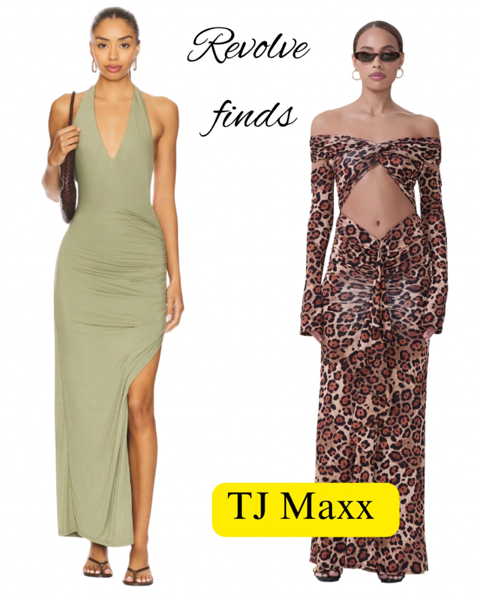 I found these dresses from revolve on sale at TJ Maxx, leopard, cut out maxi dress, green, high slit, halter, date, night, spring, summer, dressy.

#LTKSaleAlert