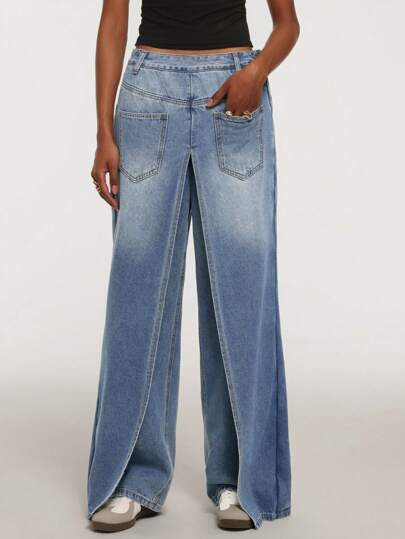 Forever 21 Autumn Winter New Loose Wide Leg Low Waist Fashion Distressed Washed Denim Pants | SHEIN