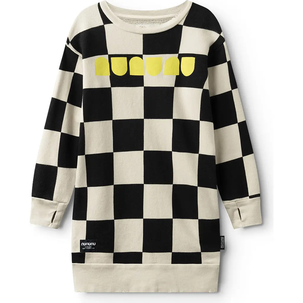 Nununu Kids' Checkmate Long Sleeve Sweatshirt Dress in Smokey Natural at Nordstrom Rack, Size 6-7Y | Nordstrom Rack
