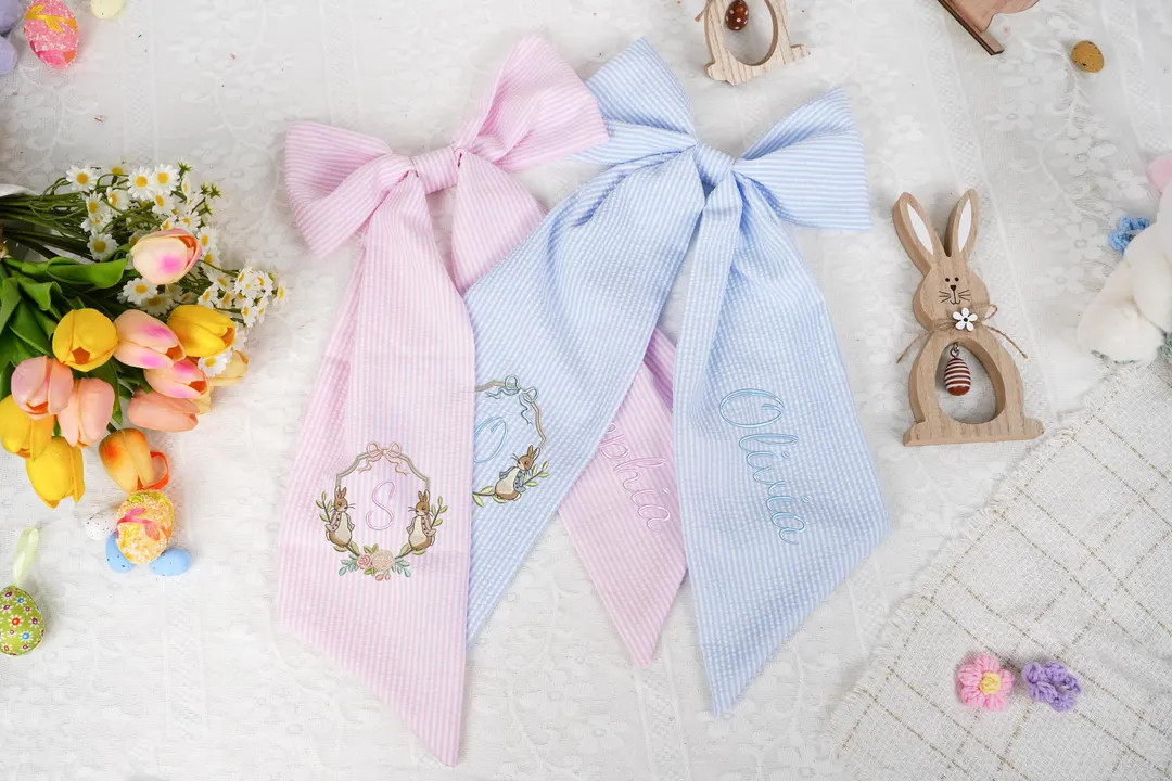 Personalized Seersucker Easter Basket Bow, Monogrammed Bunny Design, Easter Basket Decoration, Ki... | Etsy (US)