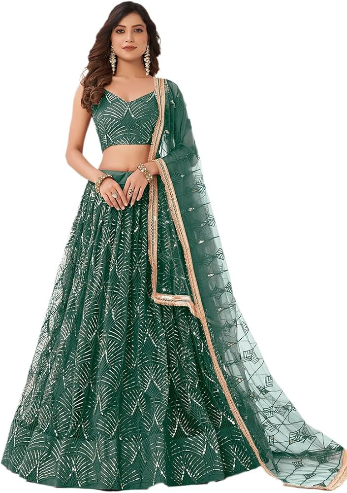 Indya Green Sequin Embroidered Net Lehenga Set | Perfect for Wedding | Sleeveless | Sweetheart Ne... | Amazon (US)