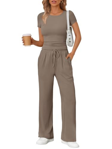 Trendy Queen 2 Piece Matching Summer Lounge Set Womens Side Ruching Top Wide Leg Pants Sets with ... | Amazon (US)