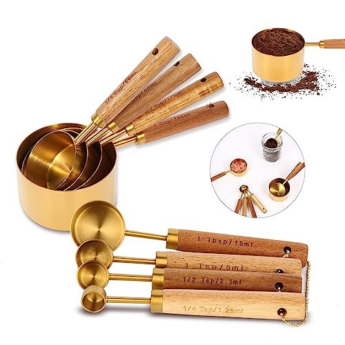 Gold Measuring Cups and Spoons Set with Fragrant Wood Handles, Premium Stainless Steel Measuring Spoons and Measuring Cups Set, For Cooking and Baking in the Kitchen (8 Piece) | Amazon (US)