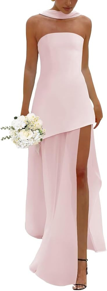 Loyeloy Women's Strapless Satin Bridesmaid Dresses with Scarf Sexy Slit 2025 Chiffon Formal Eveni... | Amazon (US)