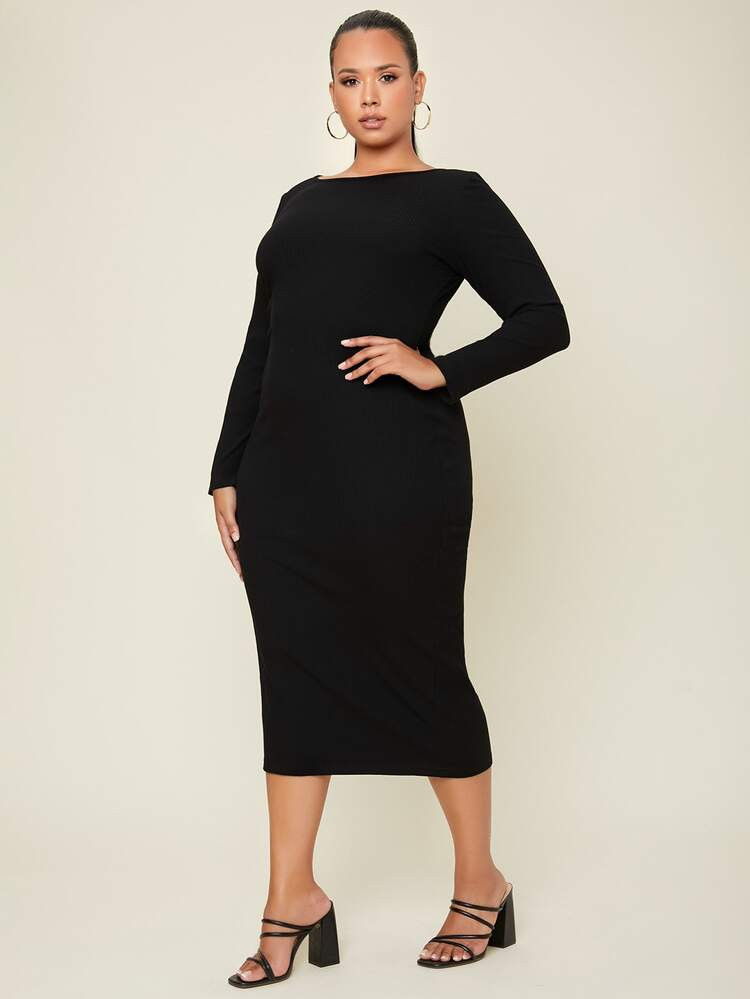 SHEIN Plus Boat Neck Solid Dress | SHEIN