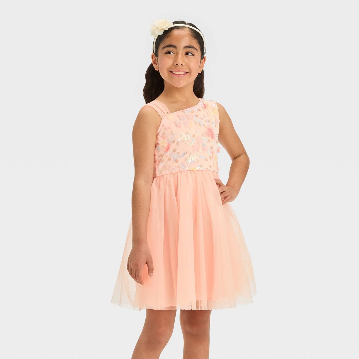 Girls' One-Shoulder Sequin Dress - Cat & Jack™ Blush Peach Orange | Target